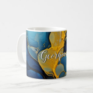 Personalized Navy and Gold Alcohol Ink Fluid Art Coffee Mug
