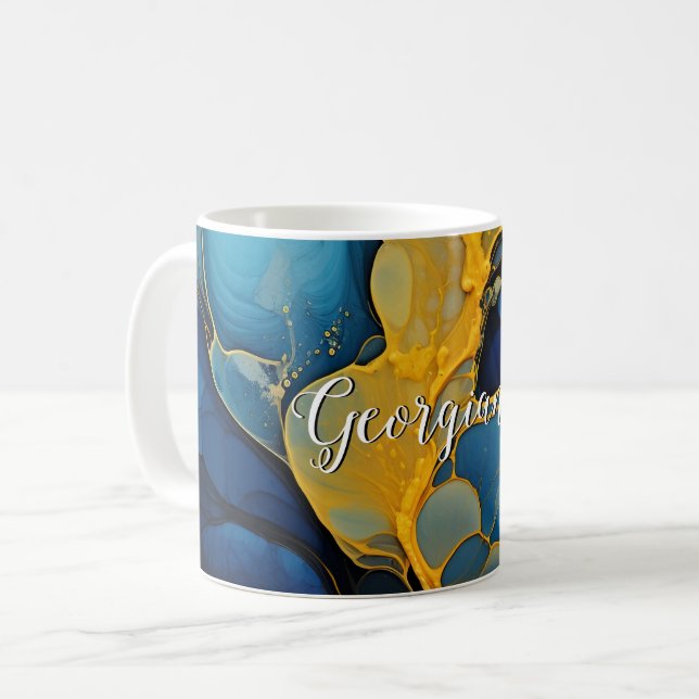 Personalized Navy and Gold Alcohol Ink Fluid Art Coffee Mug (Front Left)