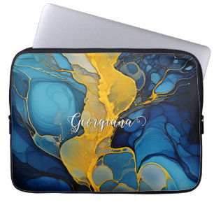 Personalized Navy and Gold Alcohol Ink Fluid Art Laptop Sleeve