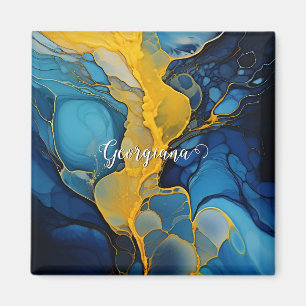 Personalized Navy and Gold Alcohol Ink Fluid Art Magnet