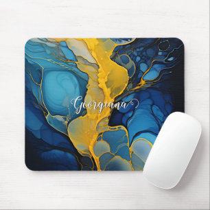 Personalized Navy and Gold Alcohol Ink Fluid Art Mouse Pad