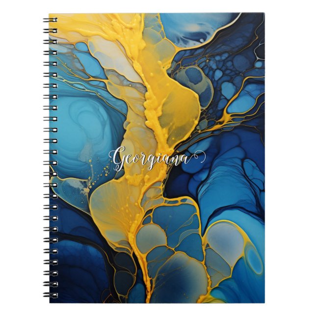 Personalized Navy and Gold Alcohol Ink Fluid Art Notebook (Front)