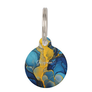 Personalized Navy and Gold Alcohol Ink Fluid Art Pet Tag