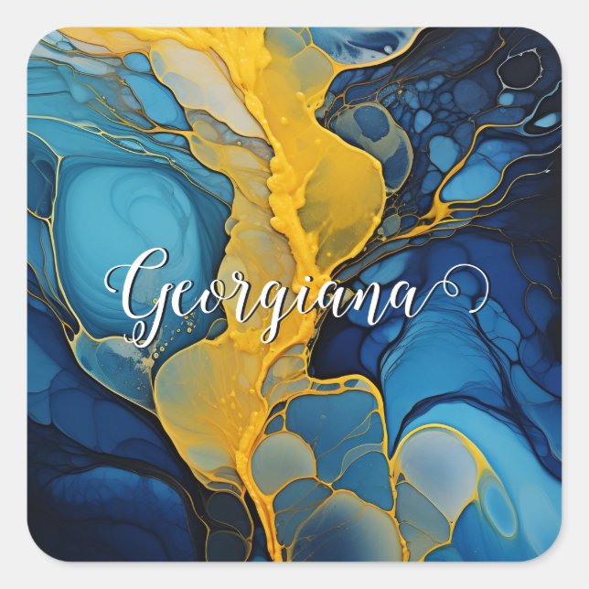 Personalized Navy and Gold Alcohol Ink Fluid Art Square Sticker (Front)