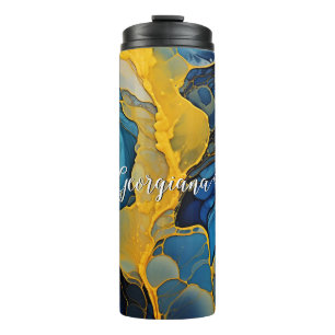 Personalized Navy and Gold Alcohol Ink Fluid Art Thermal Tumbler