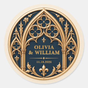 Personalized Navy and Gold Gothic Wedding Classic Round Sticker