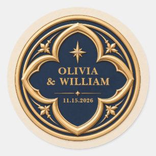 Personalized Navy and Gold Wedding Classic Round Sticker