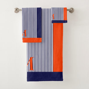 Personalized Navy And Orange Nautical  Aesthetic  Bath Towel Set