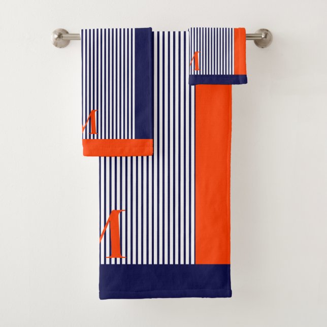 Personalized Navy And Orange Nautical  Aesthetic  Bath Towel Set (Insitu)