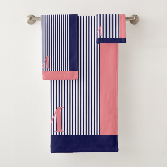 Personalized Navy And Pink Nautical  Aesthetic  Bath Towel Set (Insitu)