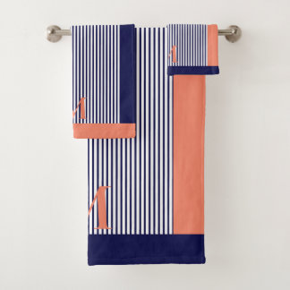 Personalized Navy And Salmon Nautical  Aesthetic  Bath Towel Set
