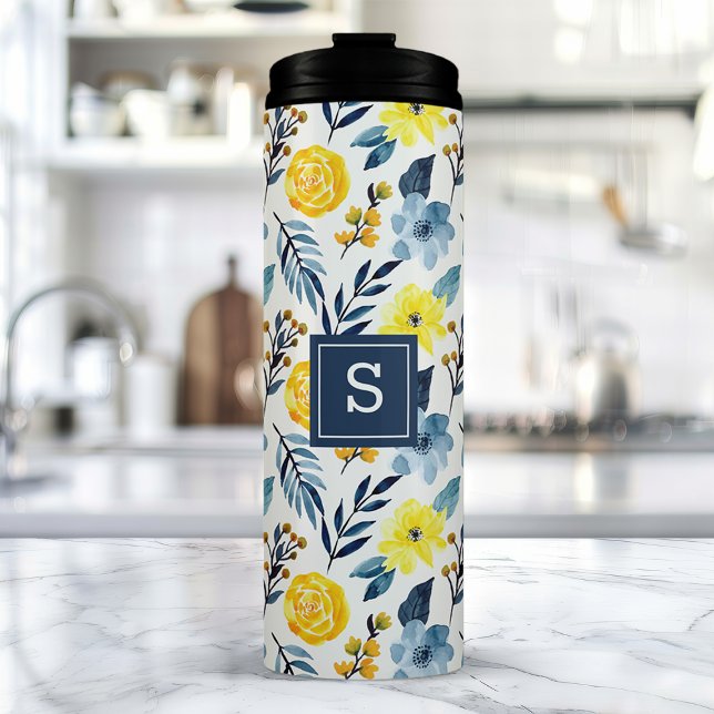 Personalized Navy And Yellow Floral  Thermal Tumbler (Creator Uploaded)