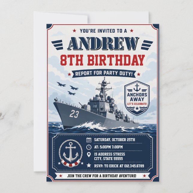 Personalized Navy Army Ship Birthday  Invitation (Front)