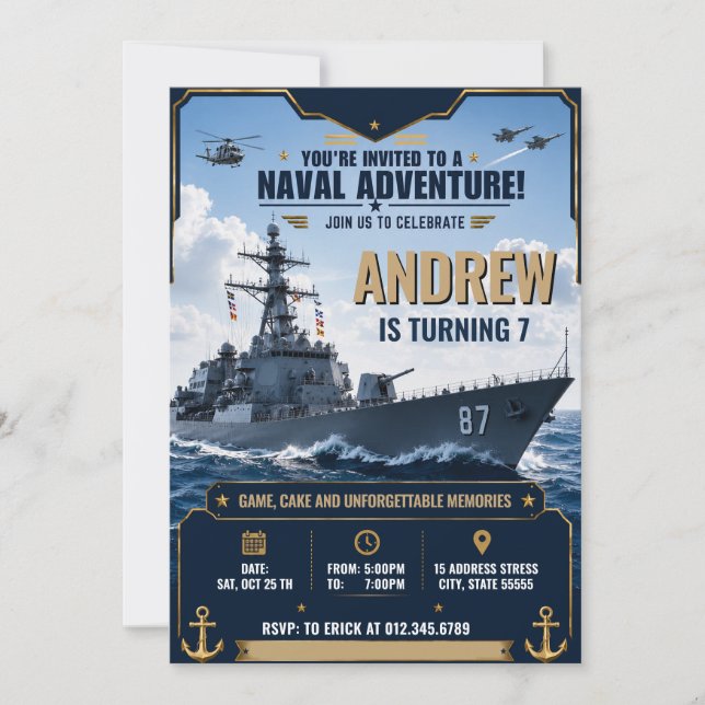 Personalized Navy Battleship Birthday Invitation (Front)