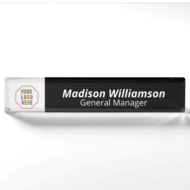 Personalized Navy black Desk Name Plate with Logo (Front)
