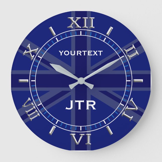 Personalized Navy Blu Union Jack British Flag Dial Large Clock (Front)
