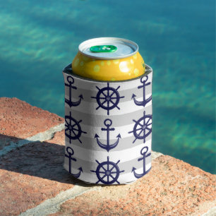 Personalized Navy Blue Anchor Boat Wheel Nautical Can Cooler