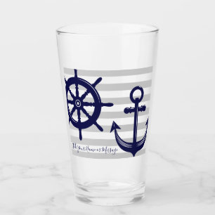Personalized Navy Blue Anchor Boat Wheel Nautical Glass
