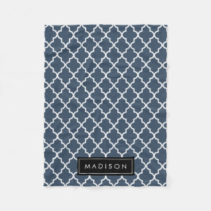 Personalized Navy Blue and Black Quatrefoil Fleece Blanket