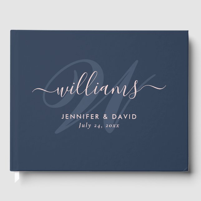 Personalized Navy Blue and Blush Monogram Wedding  Guest Book (Front)