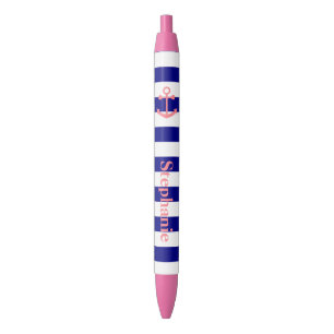Personalized Navy Blue and Blush Pink Nautical Black Ink Pen