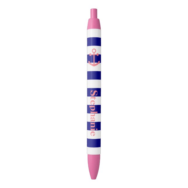 Personalized Navy Blue and Blush Pink Nautical Black Ink Pen (Front Vertical)