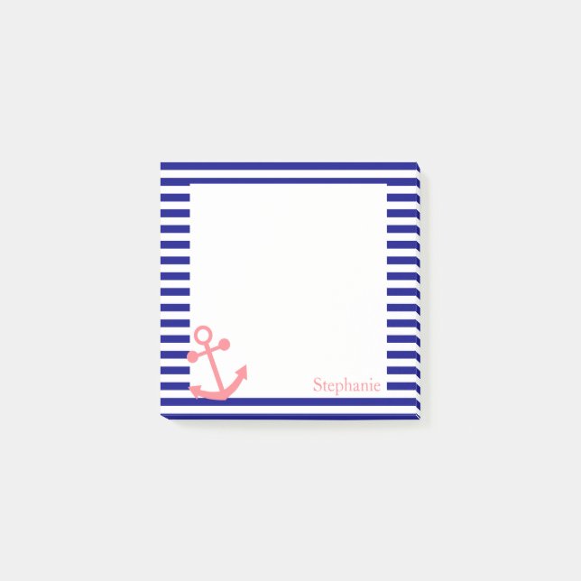 Personalized Navy Blue and Blush Pink Nautical Post-it Notes (Front)