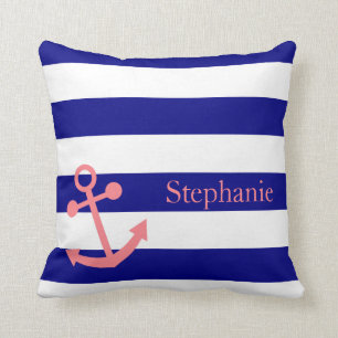 Personalized Navy Blue and Blush Pink Nautical Throw Pillow
