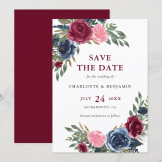 Personalized Navy Blue and Burgundy Floral Wedding Save The Date