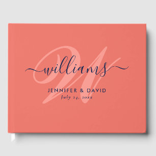 Personalized Navy Blue and Coral Monogram Wedding  Guest Book