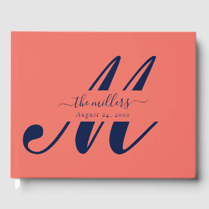 Personalized Navy Blue and Coral Script Monogram Guest Book