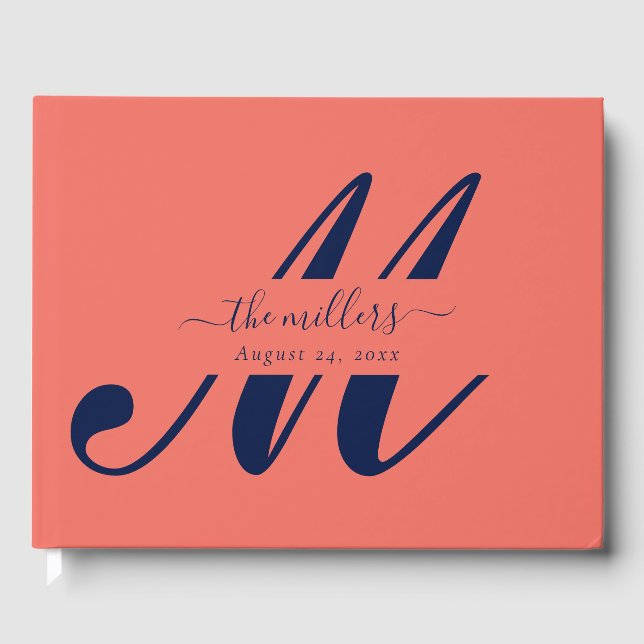 Personalized Navy Blue and Coral Script Monogram Guest Book (Front)