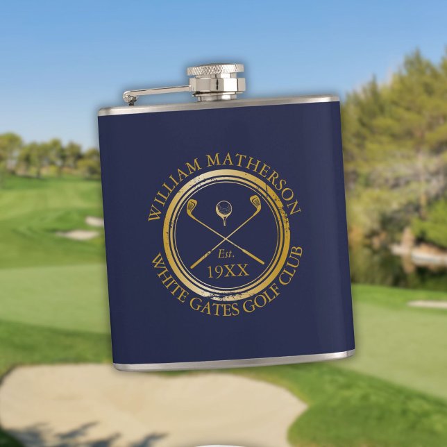 Personalized Navy Blue And Gold Golf Club Name Hip Flask (Personalized Navy Blue And Gold Golf Club Name Flask)