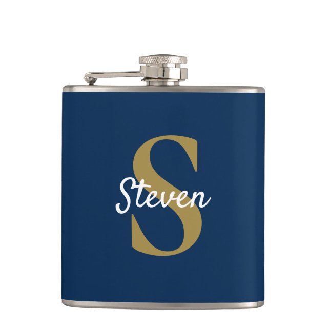 Personalized Navy Blue and Gold Monogram Hip Flask (Front)