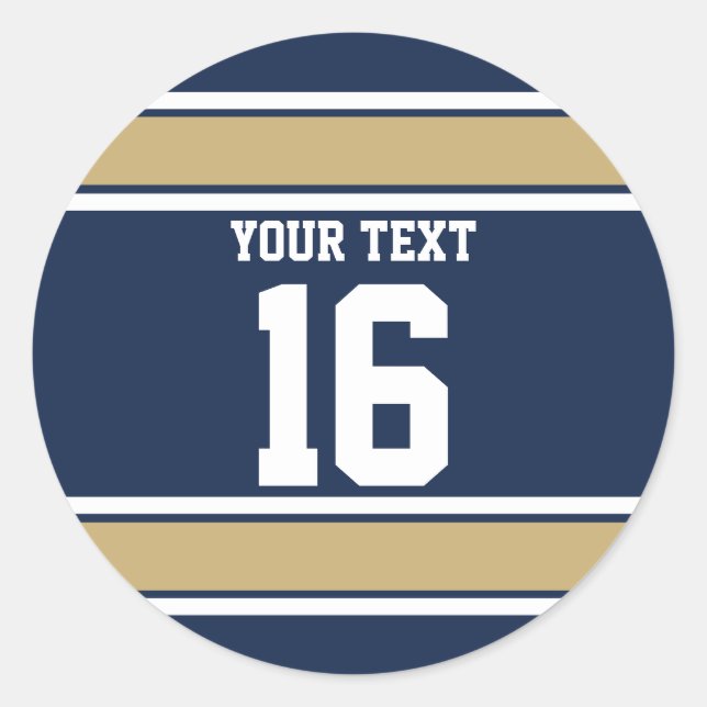 Personalized Navy Blue and Gold Sports Stripes Classic Round Sticker (Front)