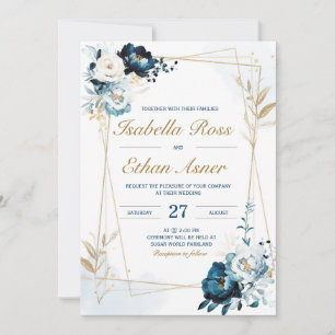 Personalized Navy Blue and Gold Wedding Bundle Invitation