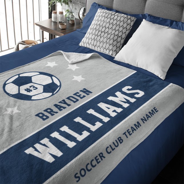 Personalized Navy Blue and Grey Soccer Player Name Fleece Blanket (Creator Uploaded)