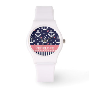 Personalized Navy Blue and Pink Anchor Watch