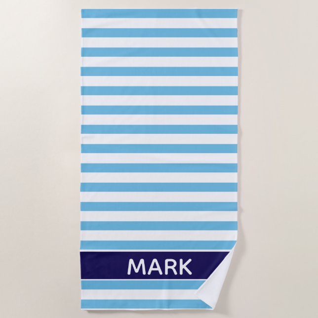 Personalized  Navy Blue And White Cabana Stripe Beach Towel (Front)