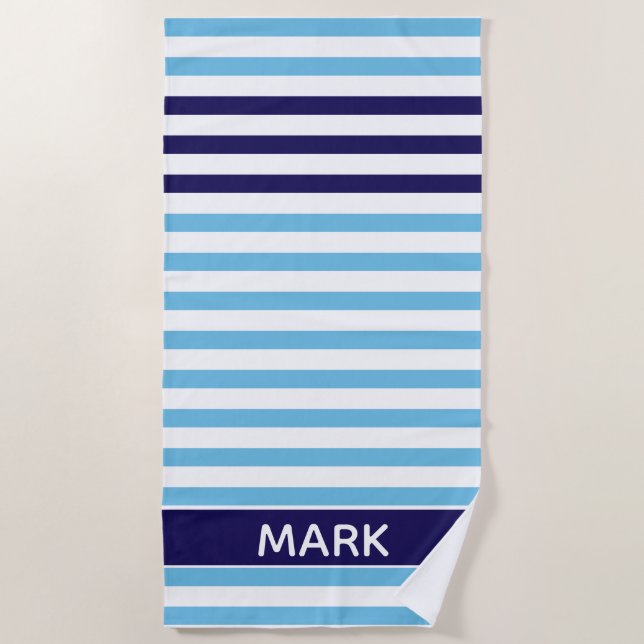 Personalized  Navy Blue And White Multi Stripe Beach Towel (Front)