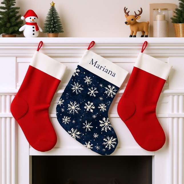 Personalized Navy Blue and white Snowflake  Large Christmas Stocking (Personalized Navy Blue and white Snowflake Large Christmas Stocking)
