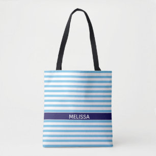 Personalized Navy Blue And White Striped Tote Bag