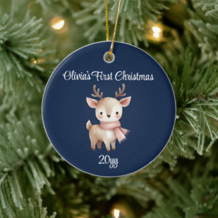Personalized Navy Blue Baby Girl First Christmas Ceramic Ornament