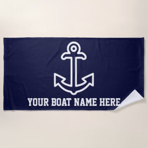 Personalized Navy Blue Boat Anchor Beach Towel
