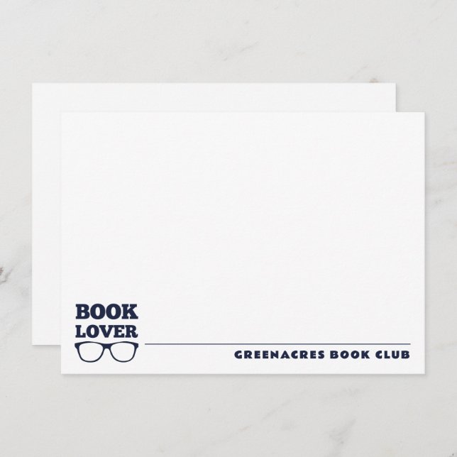 Personalized Navy Blue Book Lover Flat Note Card (Front/Back)