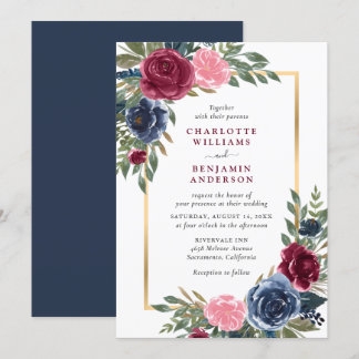 Personalized Navy Blue Burgundy Gold Floral Invitation