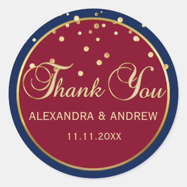 Personalized NAVY BLUE & BURGUNDY Gold Wedding Classic Round Sticker (Front)