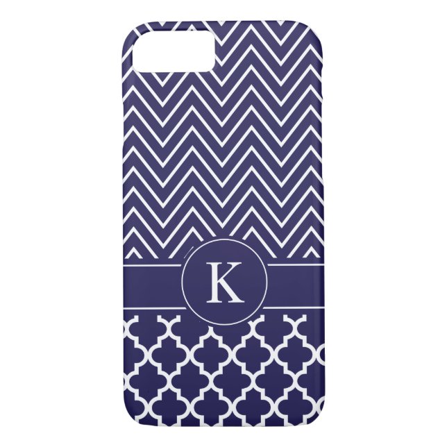Personalized Navy Blue Chevron Quatrefoil Pattern Case-Mate iPhone Case (Back)