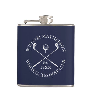 Personalized Navy Blue Classic Golf Club Name Hip Flask