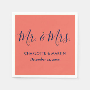 Personalized Navy Blue Coral Mr. and Mrs. Wedding Napkin